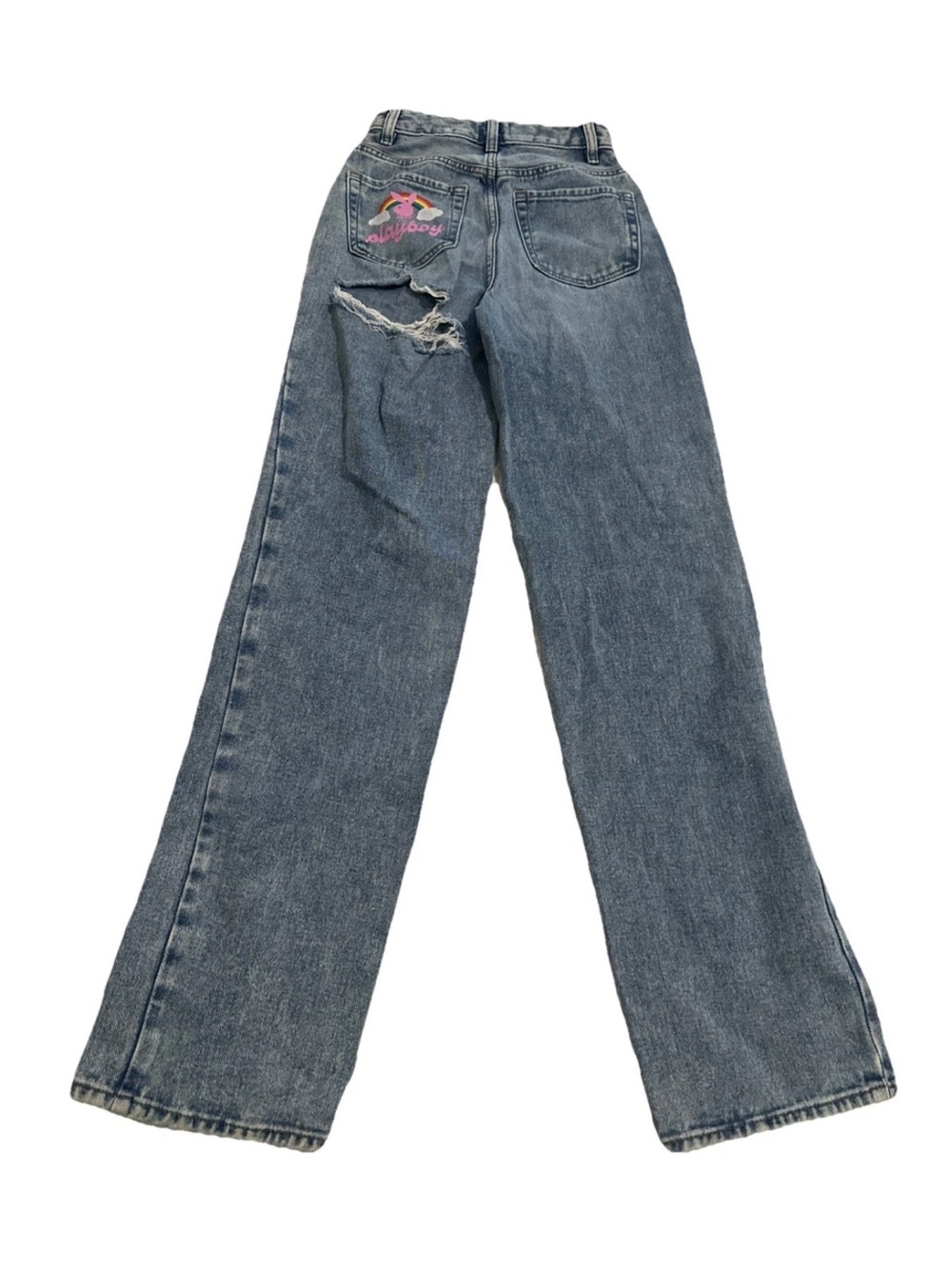 Pacsun Playboy Jeans Womens 23 Blue Denim Straight High Rise Rainbow Bunny